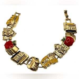 Vintage Gold Tone and Enamel Slide Charm Bracelet School Bus Apple Theme Novelty